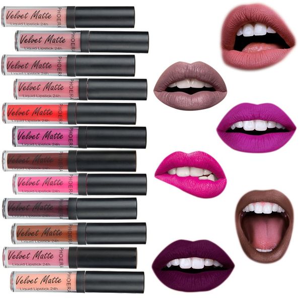 

1lot=12pcs phoera 12 colors liquid lipstick make up matte velvet lipgloss waterproof easywear batoms levre lip tint makeup women lip gloss