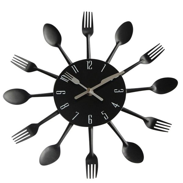 

modern design sliver cutlery kitchen utensil wall clock spoon fork clock smart alarm reveil enfant wekker #w4 bl2