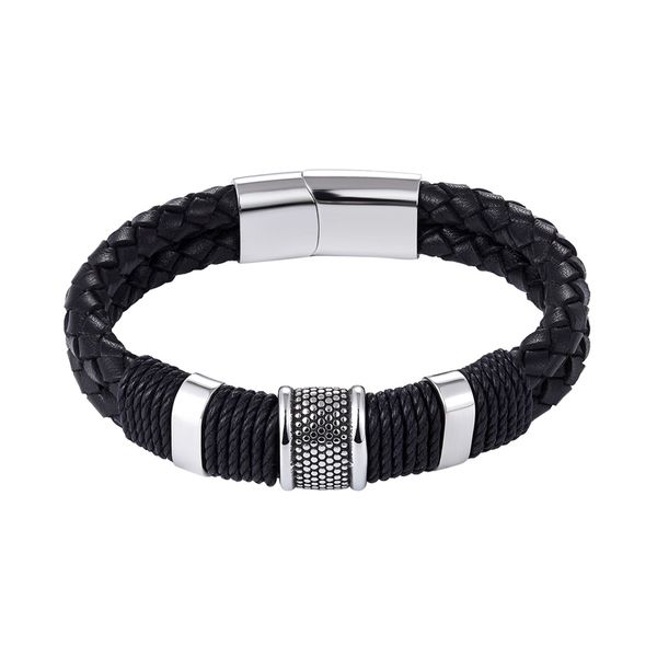 

minimalism fashion multi-layer stainless steel bracelet men's black first leather bracelet titanium steel magnetic clasp jewelry