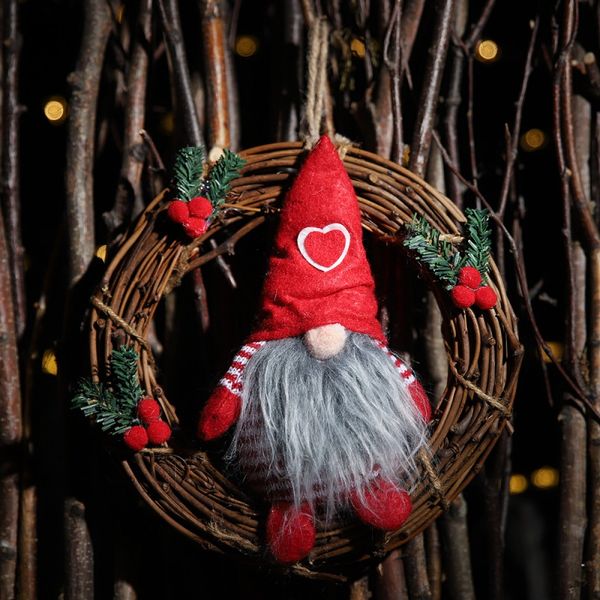 

christmas hanging ornaments wreath pendants with plush gnome doll artificial rattan hanging garlands party home decor