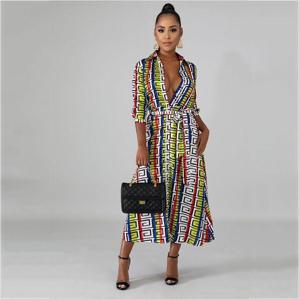 

womens summer desinger dresses long sleeve lapel neck floral print maxi female clothing casual apparel, Black;gray