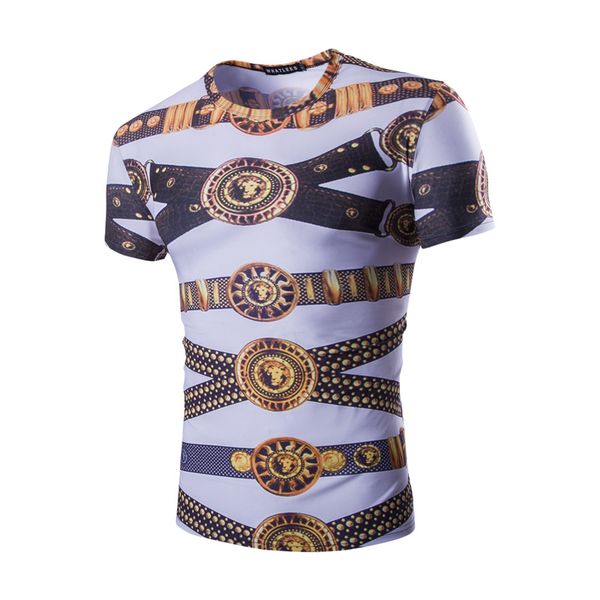 

2016 summer wear men gold belt stripes pattern casual short-sleeved round collar t-shirt 11730, White;black