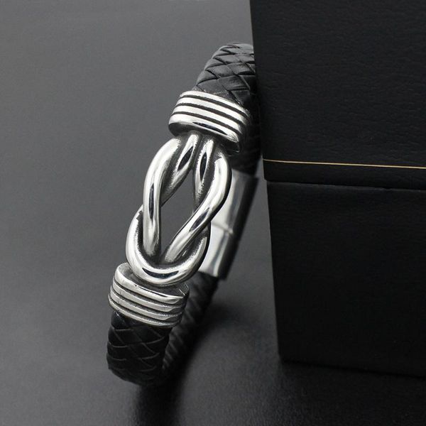 

stainless steel knot bead bracelets for men 12mm wide braided genuine leather bangle with strong magnet clasp, Golden;silver