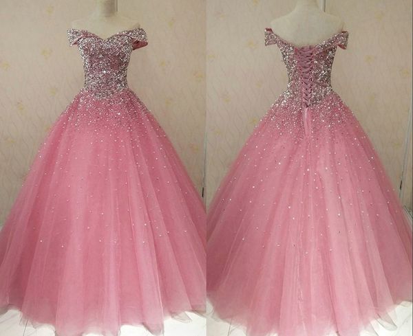 

luxury dusty rose pearls beads quinceanera prom dresses actual image off the shoulder cap sleeves tulle sweet 16 dress vestidos 15 anos, Blue;red