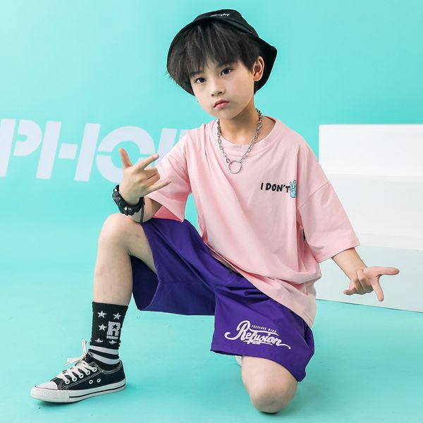 

kid hip hop clothing oversized running t shirt casual gym shorts for girls boys dance costume wear ballroom dancing clothes, Black;red