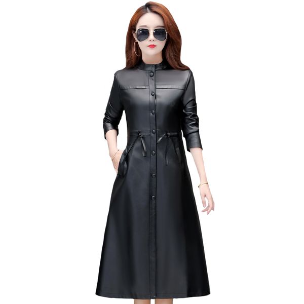 

2020 осень зима x-long женщины кожаные куртки плюс размер 5xl толстые поддельный овчины кожаные куртки pu женщин пальто, Black