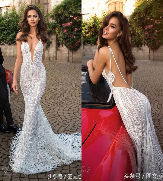 

berta mermaid wedding dresses deep v neck lace appliqued illusion bodice sweep train feather beach wedding dress plus size boho bridal gowns, White