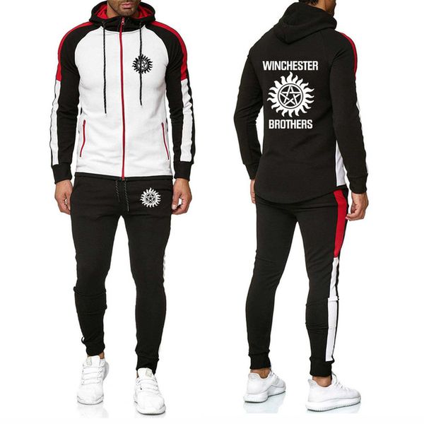 

new 2020 winchester bros printed spring autumn fashion casual stitching color matching men's jackets+pants suit 2pcs h