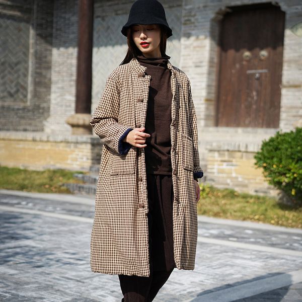 

women winter plaid stand collar chinese style long parkas padded coat female thick vintage coat outerwear ladies warm 2019, Black