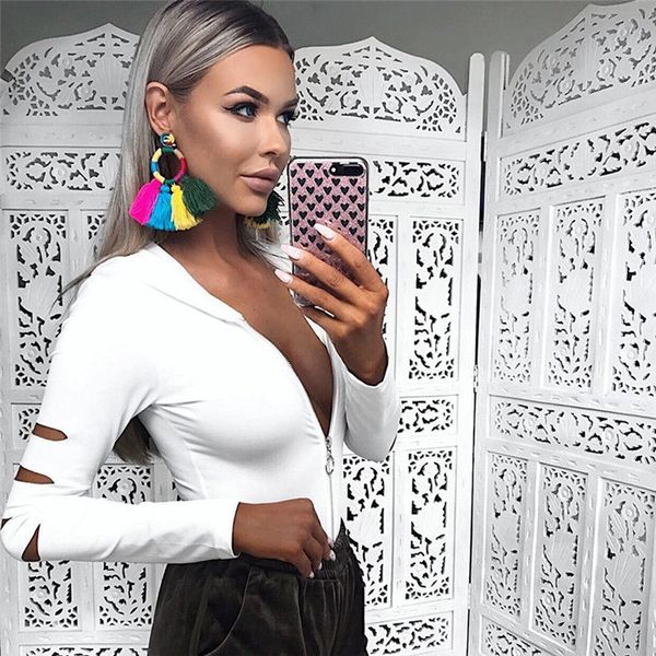 

women deep v neck long sleeve jumpsuits clothes solid color zipper style hollow out bodycon jumpsuits for ladies 2018