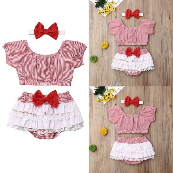 

newborn baby girls clothes striped crop shorts+headband 3pcs summer girl clothes set outfit, White