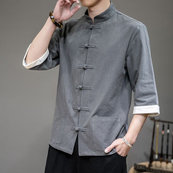 

summer 2020 men's new vintage plate buttons stand collar solid color large half sleeve shirt top, White;black