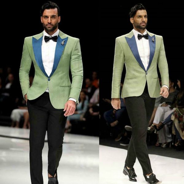 Ternos de casamento clássico Olive Mens Verde Slim Fit One Button Azul lapela do noivo usar smoking Formal Jacket Prom Blazer (Jacket + calça)