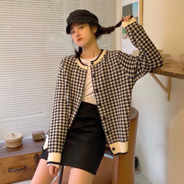

film quality qiu dong cultivate one's morality joker plover lattice grid knitting cardigan sweater female short coat, White