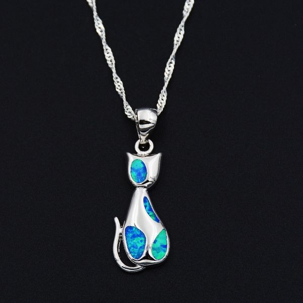 

charming blue fire opal cat design pendant necklace for gift, Silver
