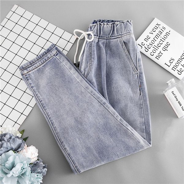 

ripped jeans for women high waist plus size drawstring loose softener mom ankle-length denim pants, Blue