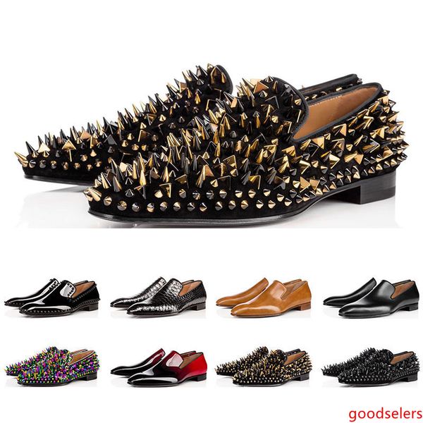 

mens shoes loafers black red spike patent leather slip on dress wedding flats bottoms shoe for business party size 39-47