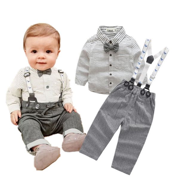 

children clothing gentleman grey striped shirt+overalls fashion baby boy newborn clothes y200323, White
