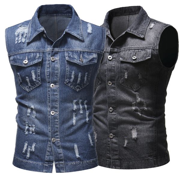 

men's vests 2021 men washed hole cowboy vest leisure fashion, Black;white