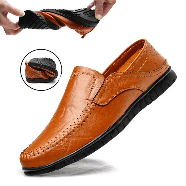 

non-slip genuine leather men casual shoes luxury 2019 mens loafers moccasins breathable slip on driving shoes plus size 38-46, Black