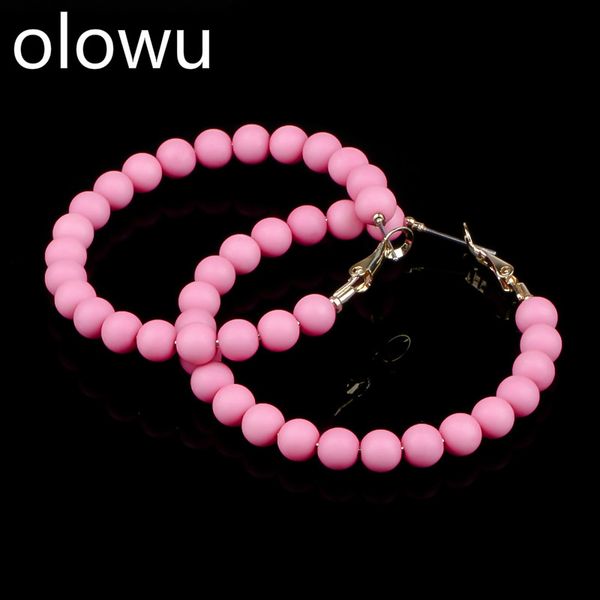

charm olowu fashion pink blur beads gold color big hoop earrings women beaded large colored ball brincos unique earing, Golden