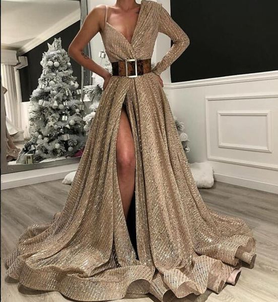 Vestido de noite Yousef aljasmi Kim kardashian manga Comprida Um ombro Cinto de ouro lantejoulas cinto vestido longo Sereia Zuhair murad Ziadnakad 0012
