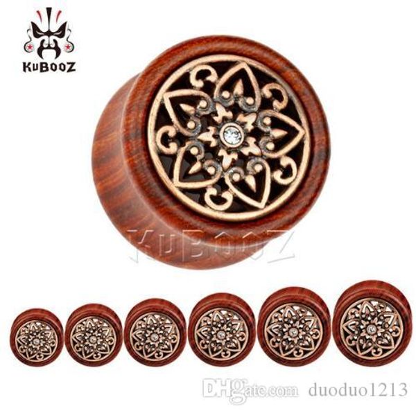 

54pcs/lot 2018 kubooz piercing red sandalwood with bronze flower ear piercing plug body jewelry tunnels wholesale gauges, Silver
