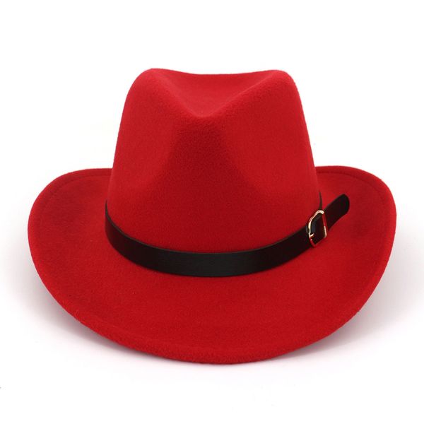 

european us wide brim cowboy felt hat panama trilby jazz fedora hats with leather buckle plain woolen chapeau for men women, Blue;gray