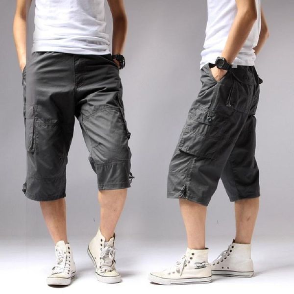 

summer 2018 long length cargo shorts men knee pocket casual cotton elastic waist bermudas male style breeche army, White;black
