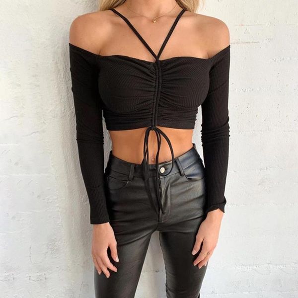 

rosetic halter t-shirt women gothic t shirts streetwear black short off shoulder tshirt lace up backless long sleeve, White