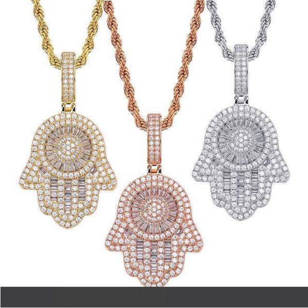 

new luxury gold plated bling bling cubic zirconia fatima hand pendant necklace masculina bijoux hip hop rapper jewelry gifts for men women, Silver