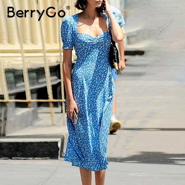 

berrygo vintage floral print women dress blue puff sleeve split summer midi dress casual party bodycon holiday beach, Black;gray