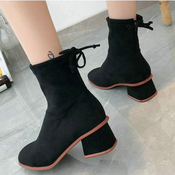 

nice new vintage ankle boots women autumn back bowtie flock shoes for woman 5cm med heels female concise brand footwear, Black