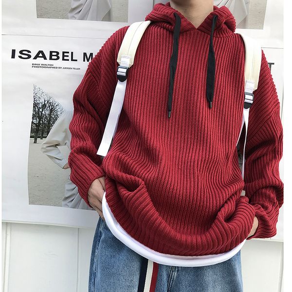 

winter new hooded sweater men's warm fashion solid color casual knit pullover man loose long-sleeved sweater male clothes -2xl, White;black