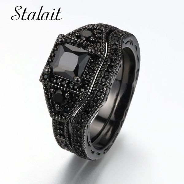 

2020 роскошный черный циркон камень кольца наборы для женщин свадебные honey lovers кольцо комплект ювелирных аксессуаров, Golden;silver