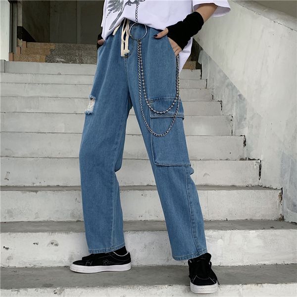 

blue jeans men's summer harajuku loose joker jeans holes overalls nine pants wide leg pants men's tide casual big pocket