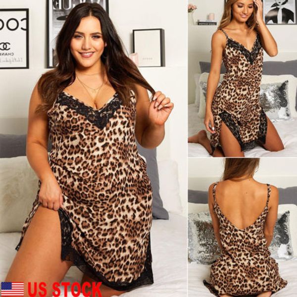 

us women v-neck leopard sleepwear robes lace nightdress nightwear plus size, Black;red