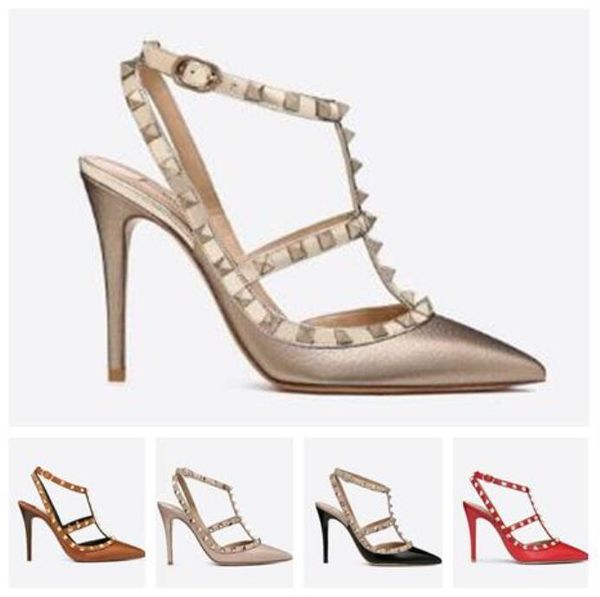 

summer 2020 new designer shoes with pointed toe nails patent leather rivet sandals women's stapled dress shoes valentine's day 10c, Black