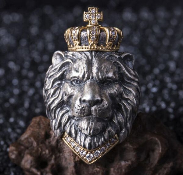 

punk men retro vintage tiara lion king ring men cross punk hip hop lion crystal ring stainless steeljewelry, Silver