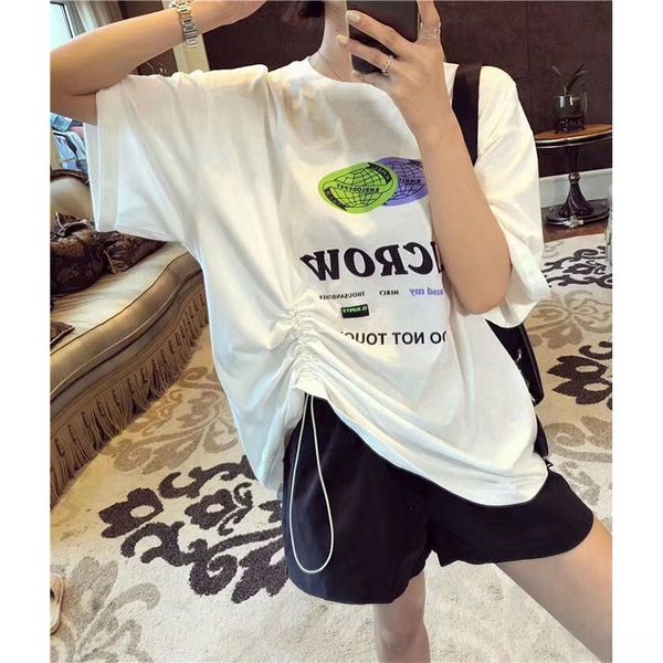 

2tfan pure jacket cotton t-shirt cotton t-shirt women's medium and long design sense drawstring letter printing half sleeve short sleev, White