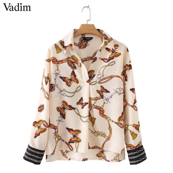 

vadim women stylish chains butterfly print blouses long sleeve pleated shirts fashion female casual chic blusas la357, White