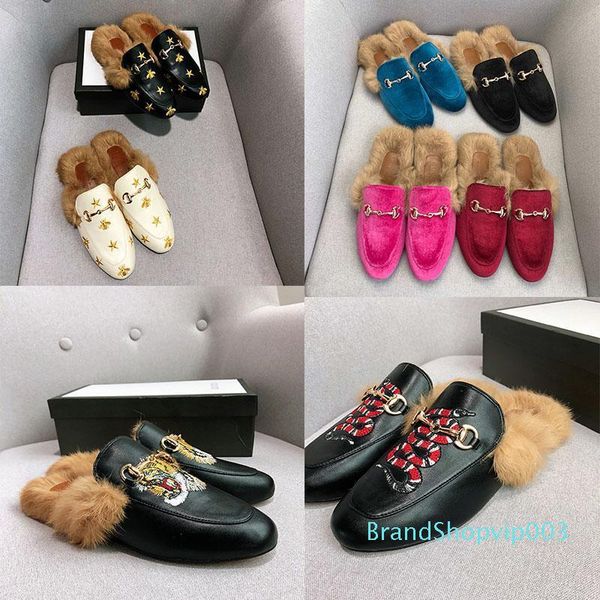 

womens mule fur slippers outdoor flat luxury designer fashion mule ladies loafers womens fw slippers suede embroidery real leather shoes, Black
