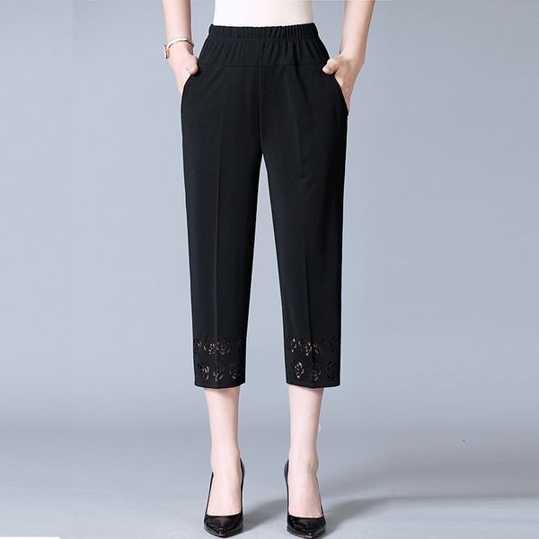 

aged middle women new summer thin straight capris pants casual loose high elastic waist calf-length pants plus size xl-5xl, Black;white