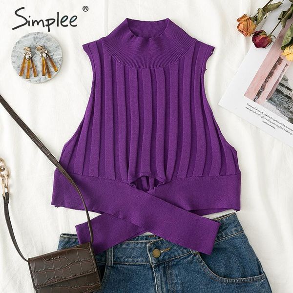 

simplee knitted stand neck women tank autumn slim fit solid bandage female party wear crop hollow out ladies, White