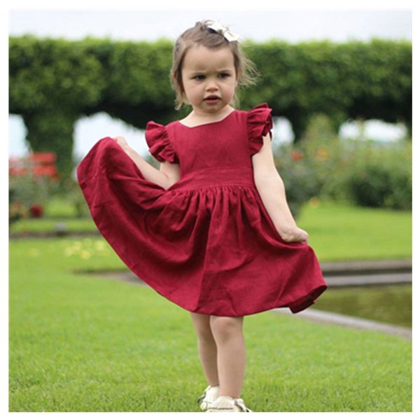 

girl's dresses princess girls pleated bridesmaid prom solid little flying sleeve cotton baby summer dress weeding vestidos de verano, Red;yellow