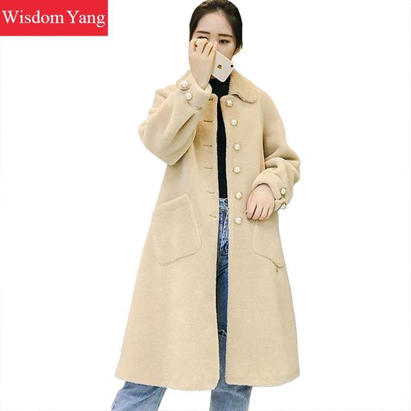 

elegant winter warm khaki real sheep sheared coat wool womens coats long office lady oversize woolen korean overcoat outerwear, Black