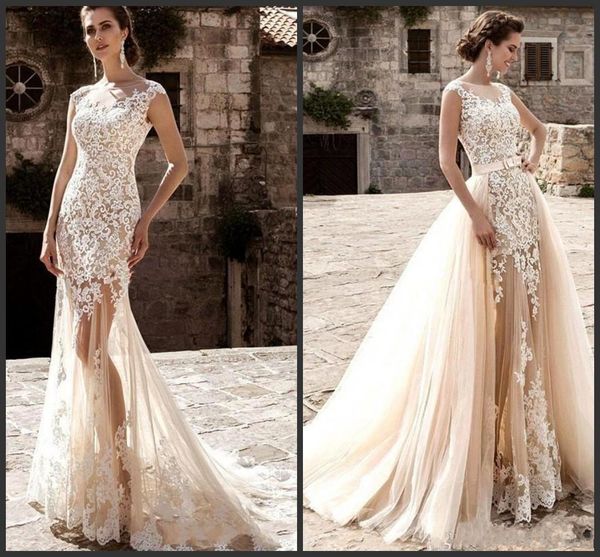 

2019 new sheer tulle applique over skirts bow sash wedding bridal gowns champagne lace a line wedding dresses vestidos de novia, White