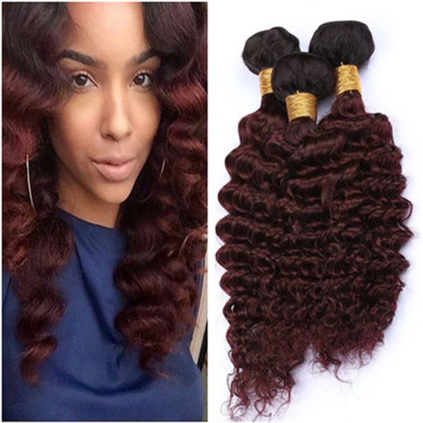 Malaysian Human Hair Red Wine Ombre Deep Wave Weave Wefts Black