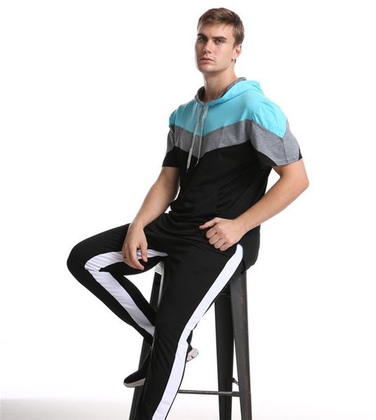 

mens panelled contrast color tshirts summer designer short sleeve hooded neck tees males loose sports clothes, White;black