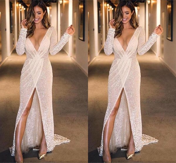 2020 Sexy Glitter Sequins Wedding Dresses High Middle Slits Long